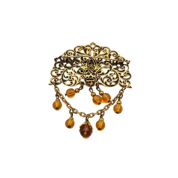 Cabochon Amber Brooch Pin Antiqued Gold Jelly Beaded Chain Dangle Vintage Bin5A - Picture 11 of 12